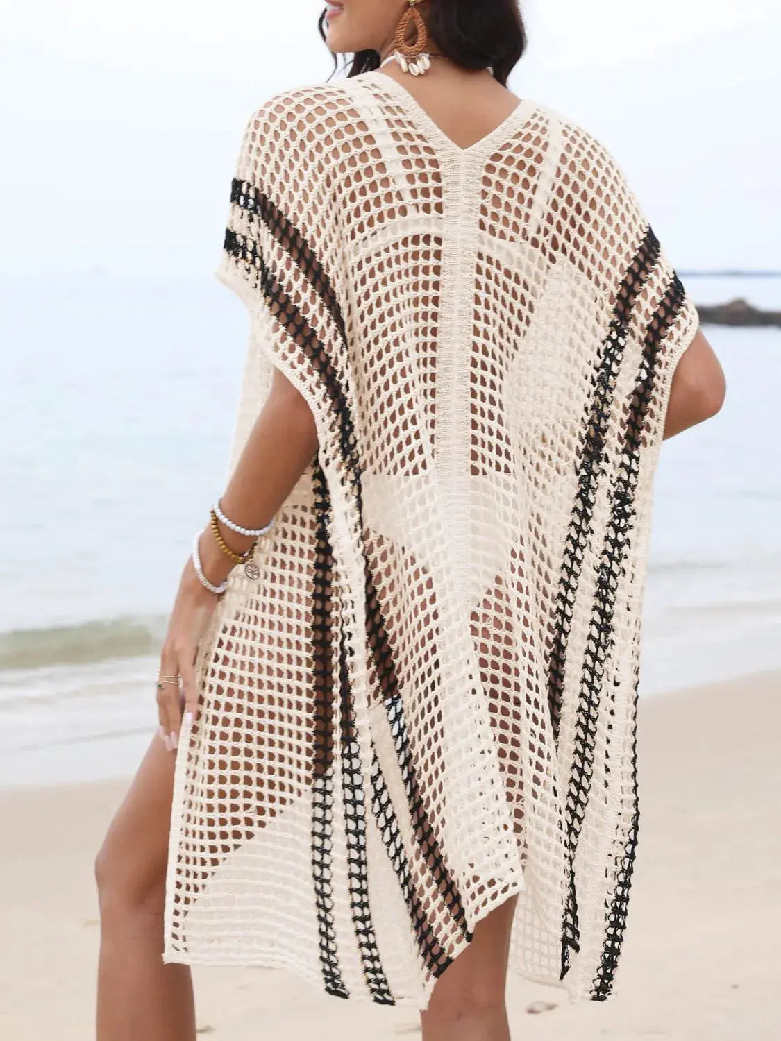 Open Front Contrast Openwork Cover-Up-Bikinicaye