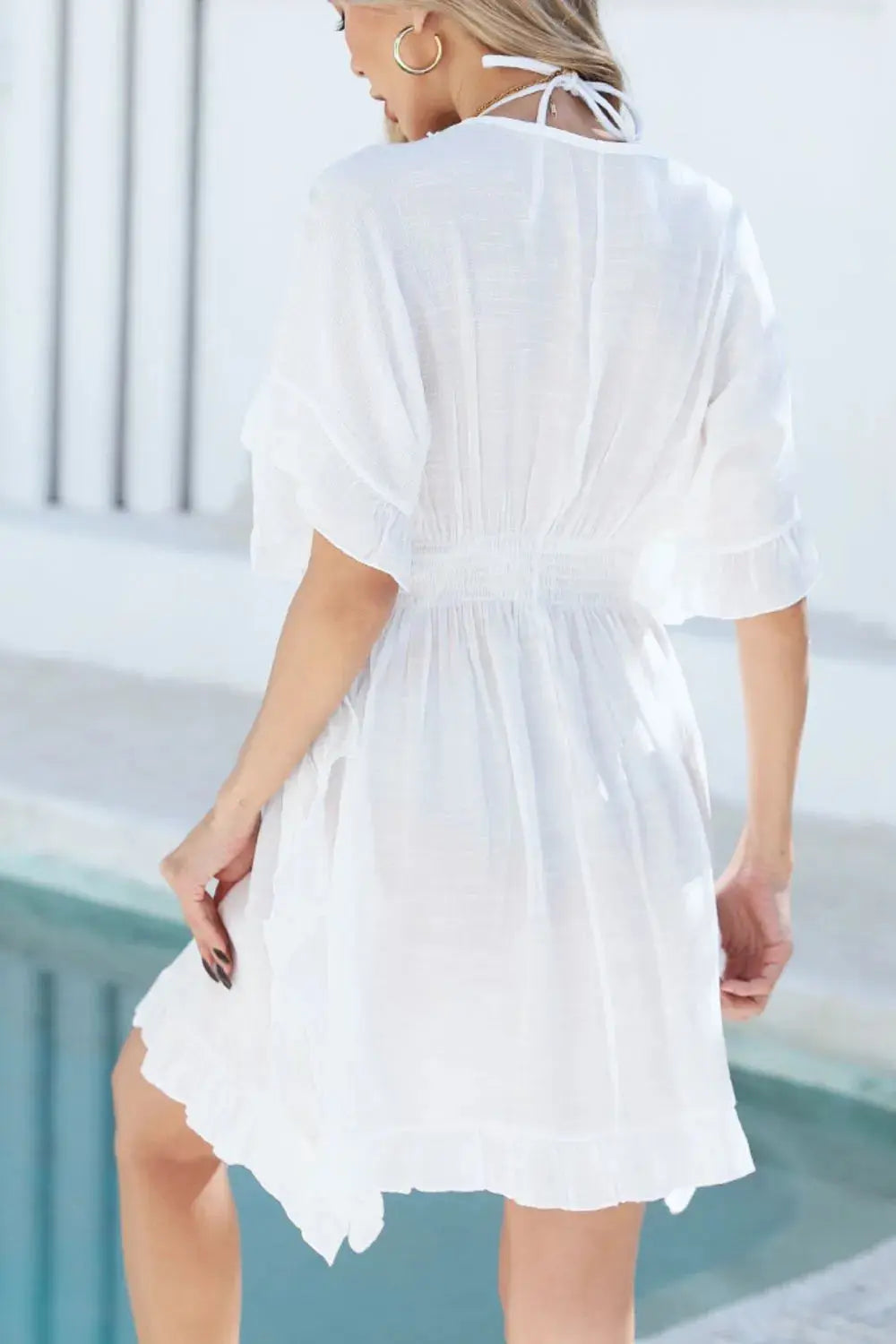 Ruffled Smocked Waist V-Neck Cover-Up-Bikinicaye