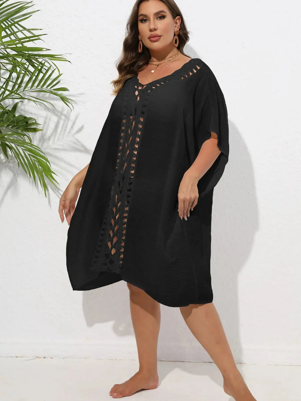 Crochet Trim V-Neck Beach Cover Up Dress-Bikinicaye