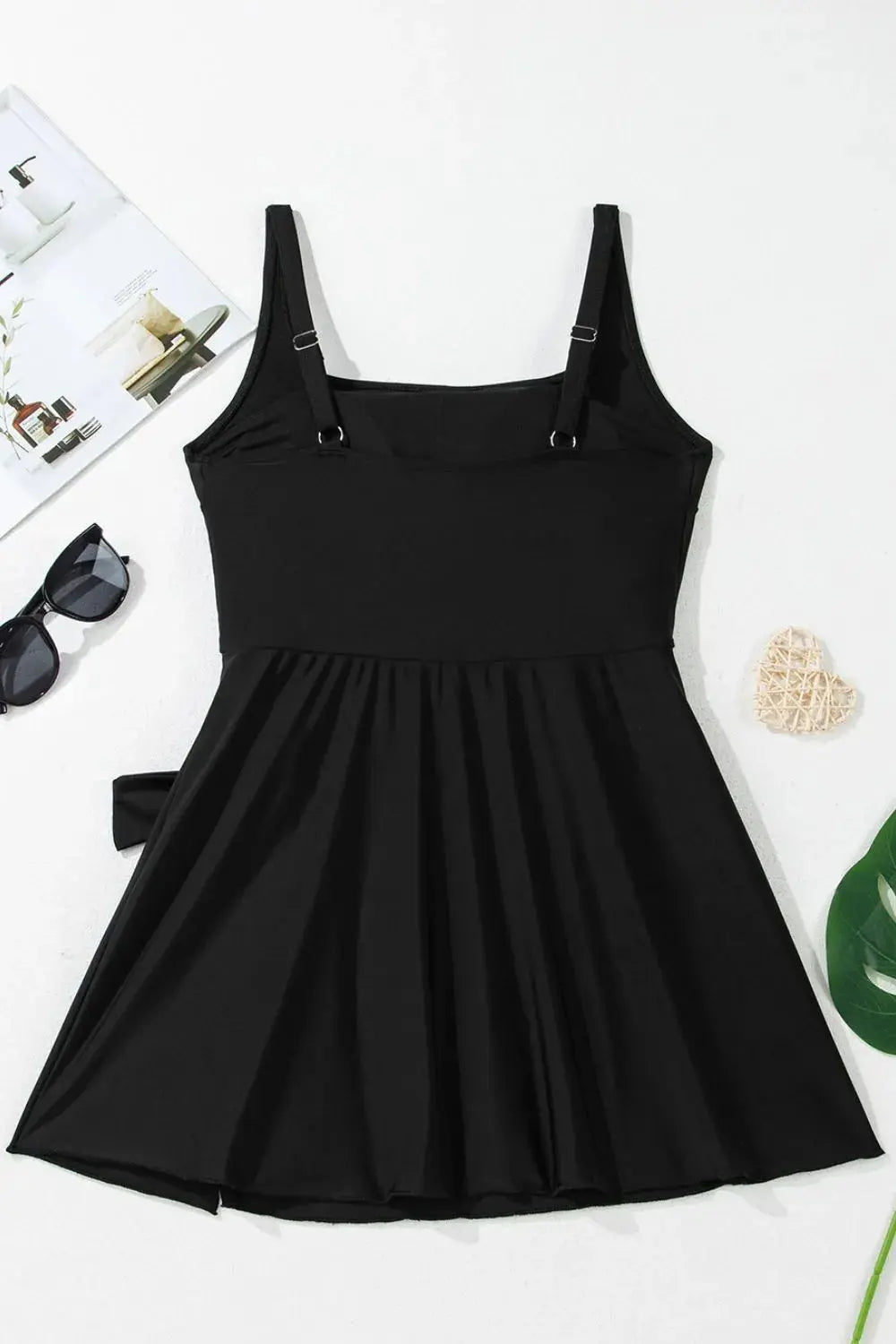 Side Tied Waist Square Neck Adjustable Straps A-line One Piece Swim Dress-Bikinicaye
