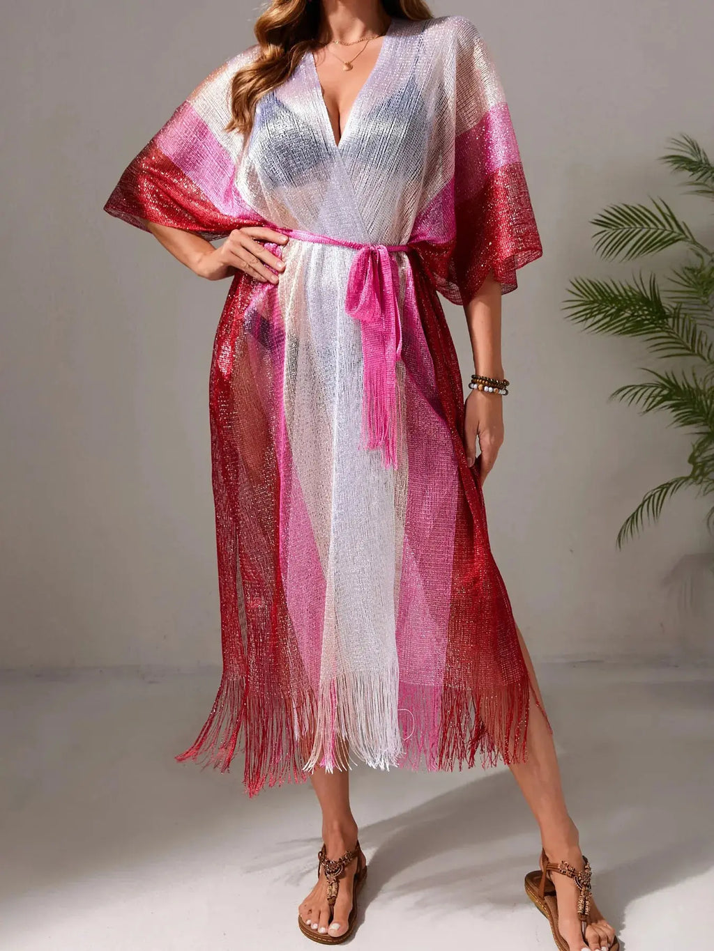 Gradient Fringe Kimono Cover-Up-Bikinicaye