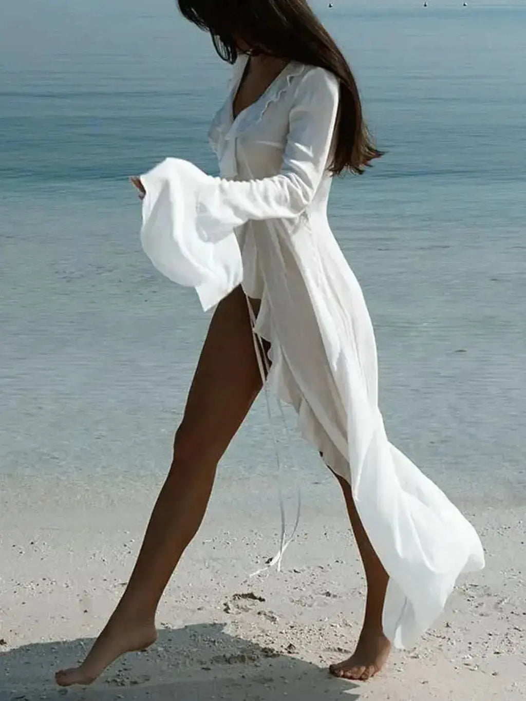 Ruffled Long Sleeve Cover-Up Dress-Bikinicaye