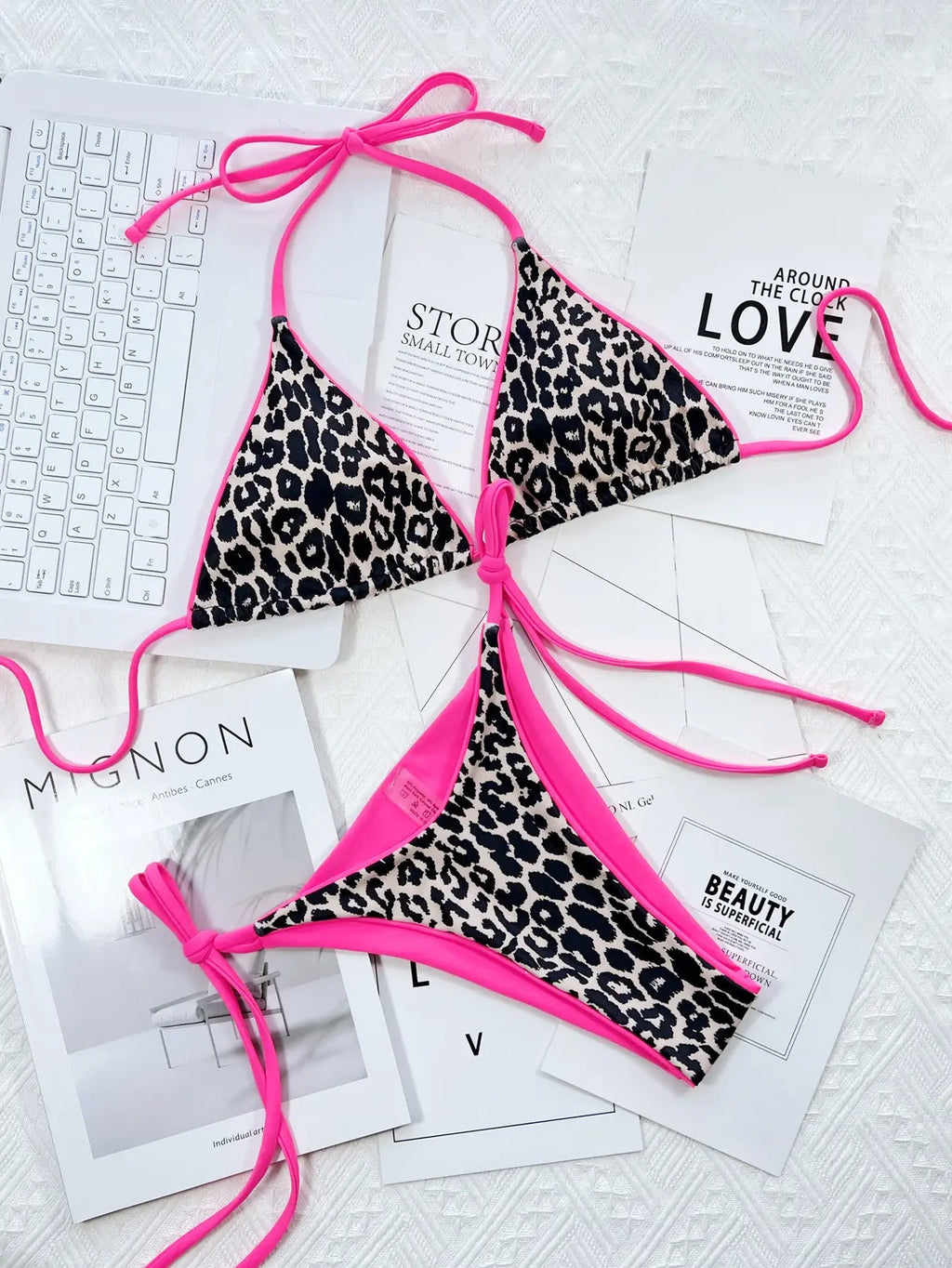 Leopard Print Halter Neck Tie Side Bikini Set-Bikinicaye