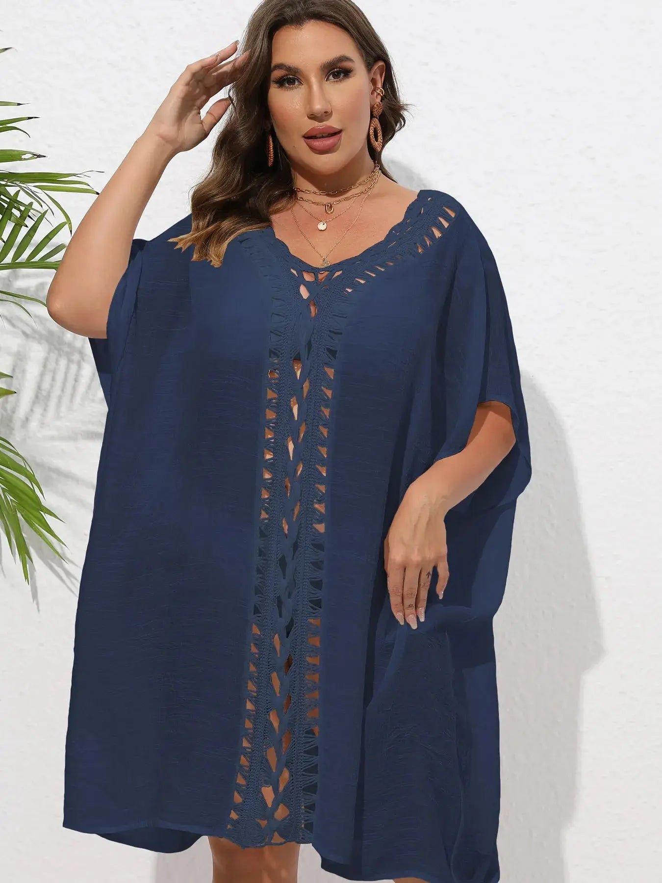 Crochet Trim V-Neck Beach Cover Up Dress-Bikinicaye