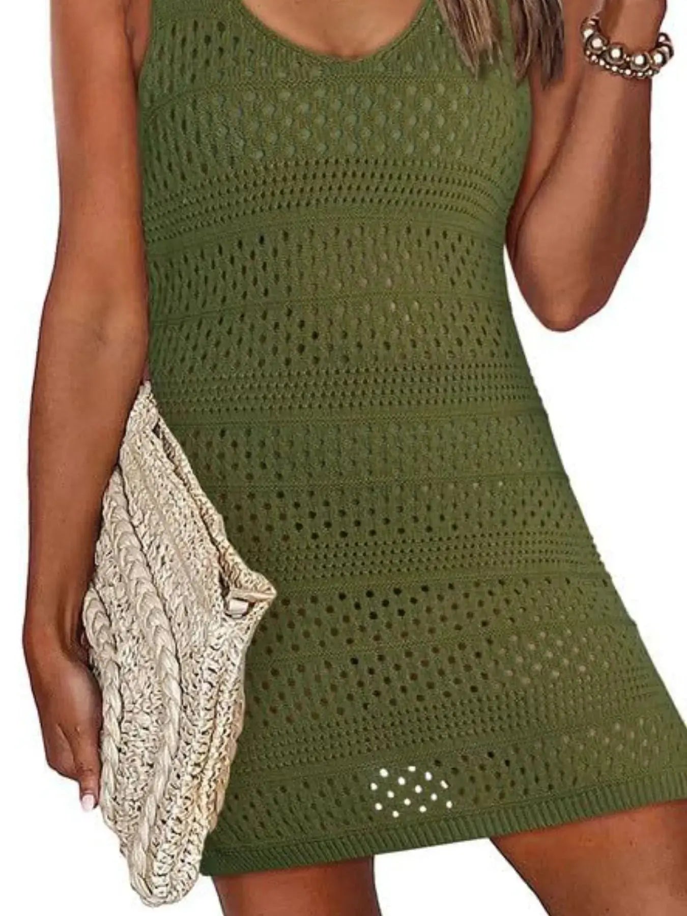 Crochet Knit Cover-Up Dress with Side Slit-Bikinicaye