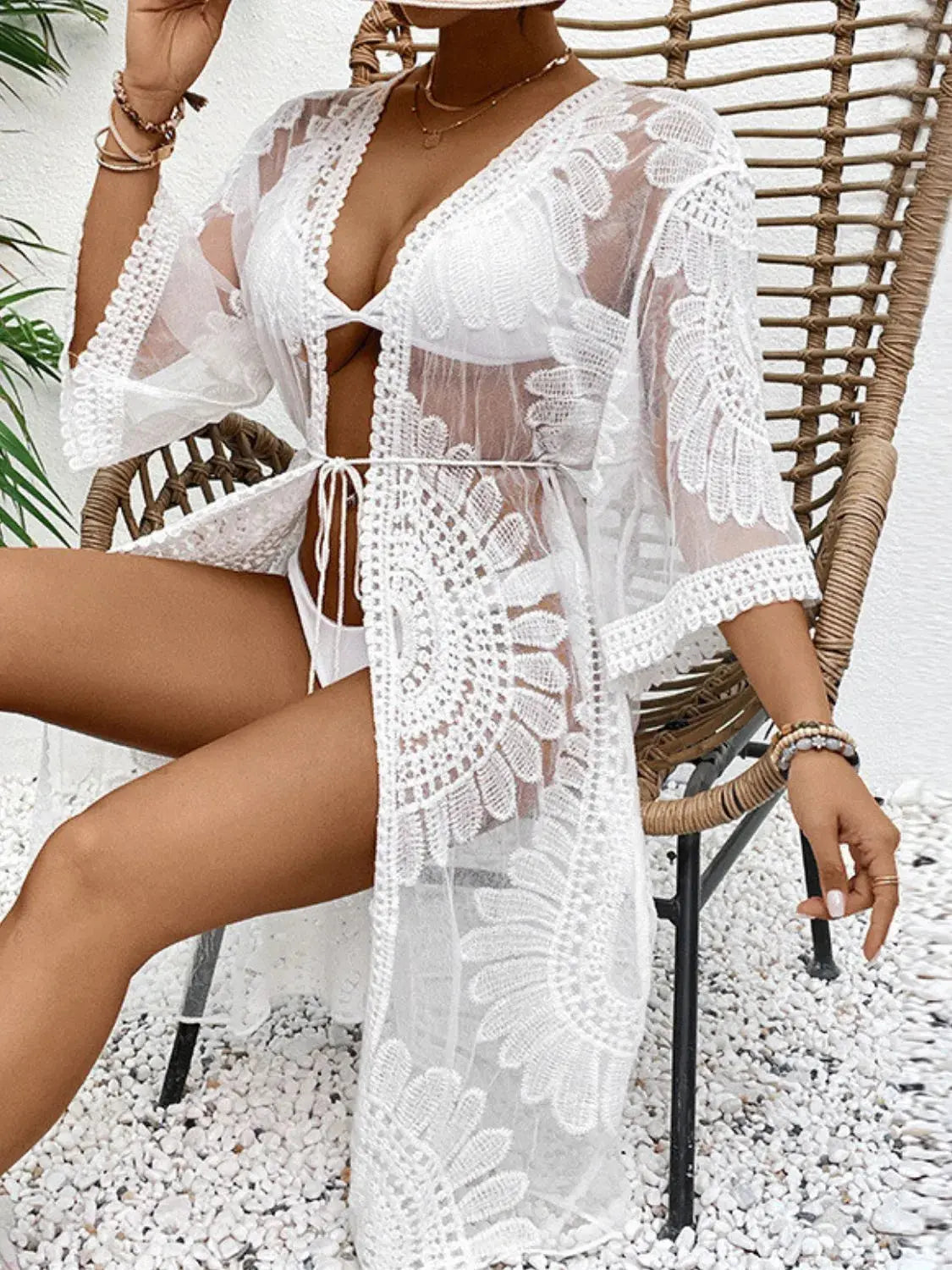 Lace Open Front Longline Cover-Up-Bikinicaye