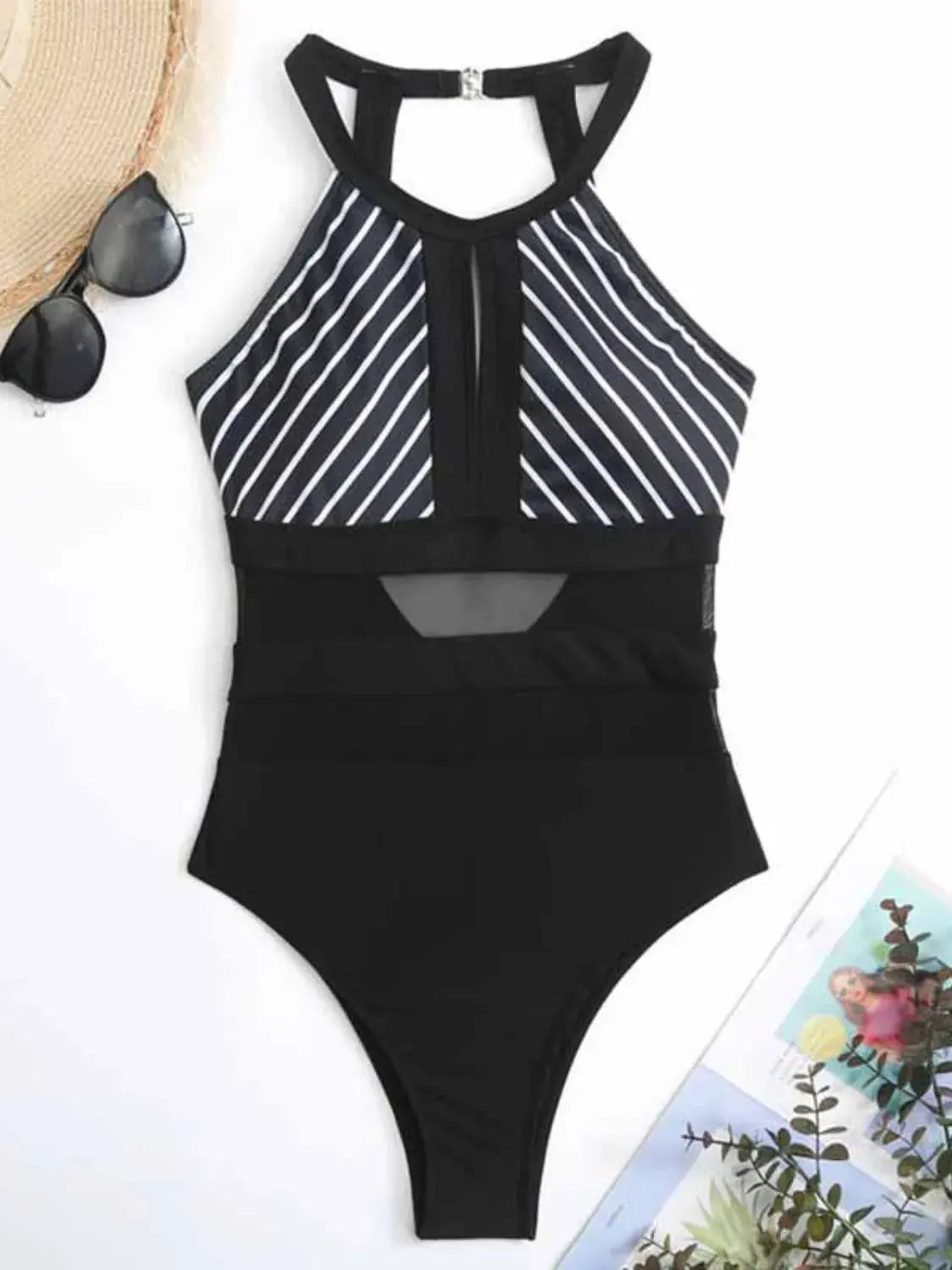 Mesh Detail Backless Striped One-Piece Swimsuit-Bikinicaye