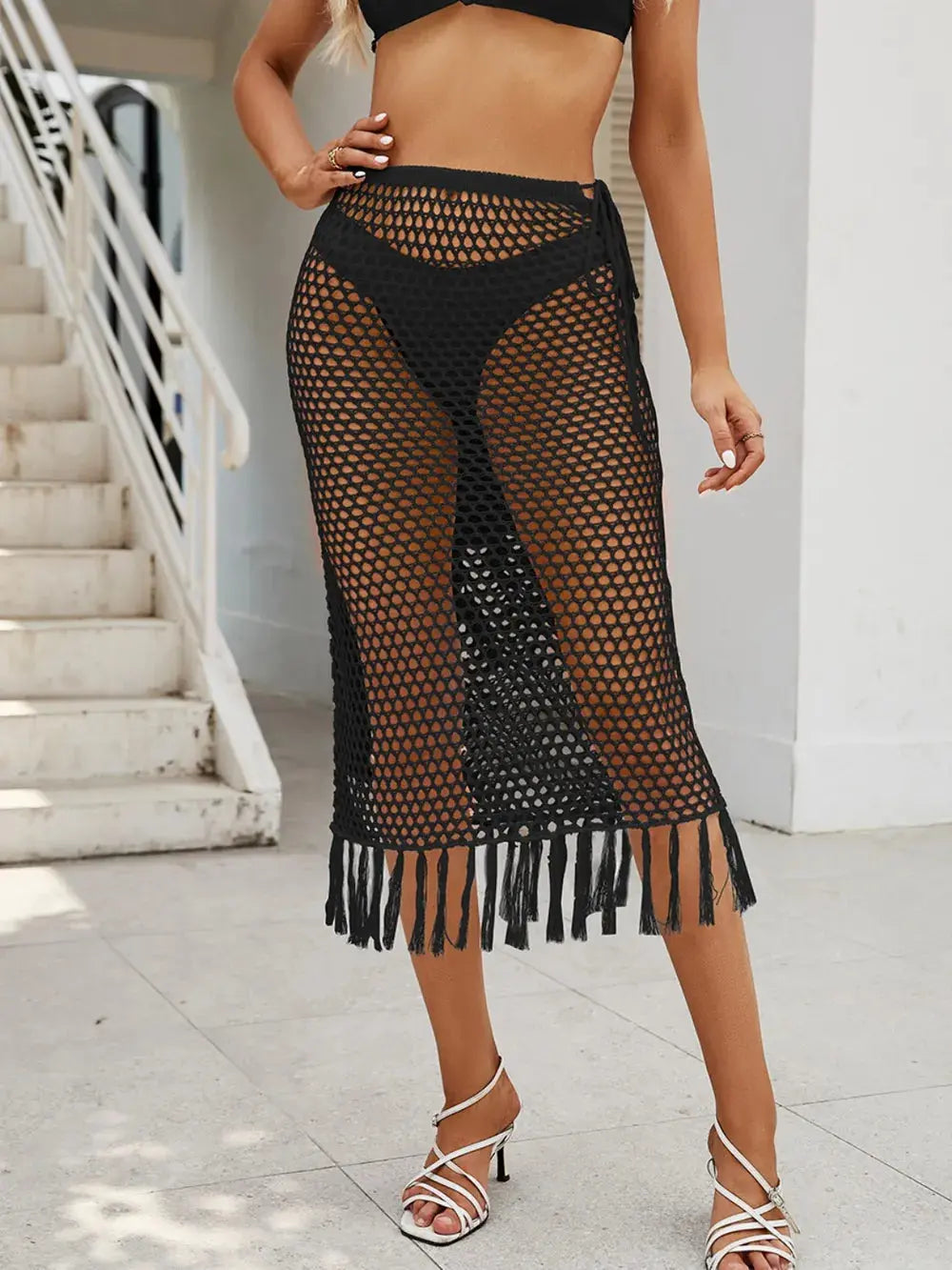 Fringe Openwork High Waist Swim Skirt-Bikinicaye