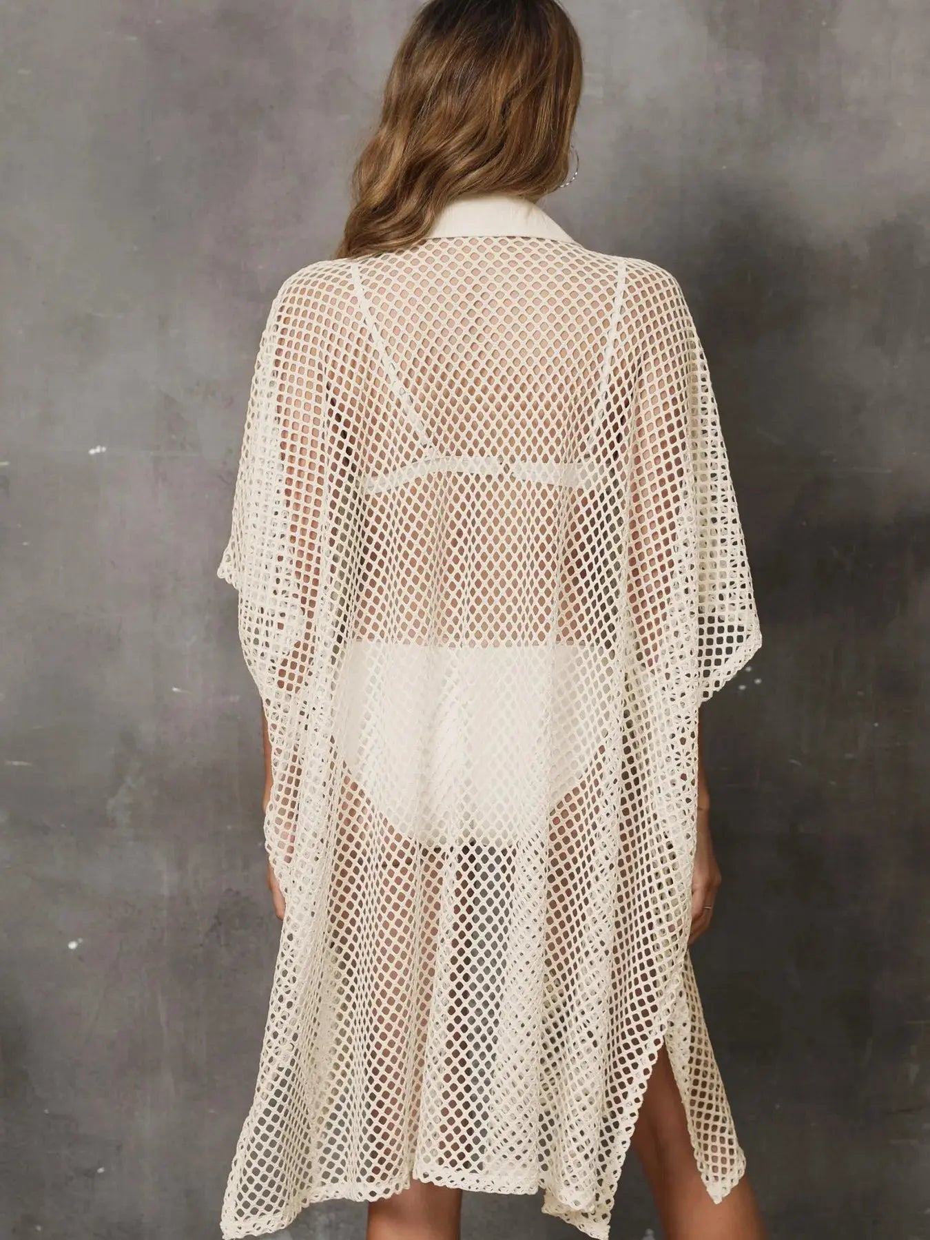 Sheer Mesh Button Up Cover Up-Bikinicaye
