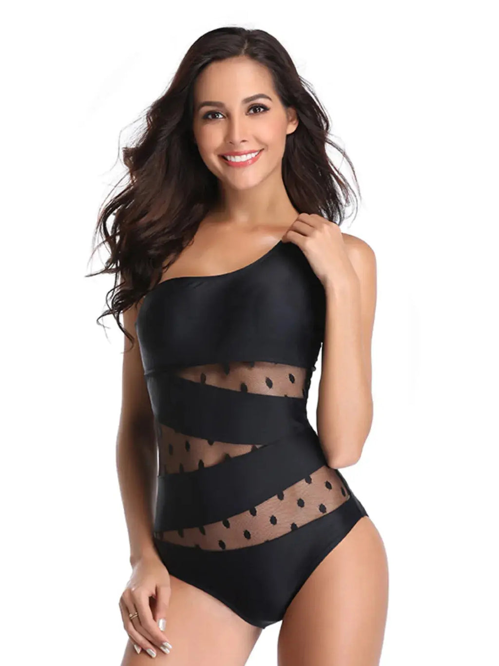 One Shoulder Polka Dot One-Piece Swimwear-Bikinicaye