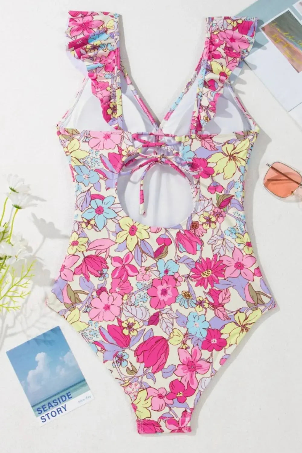Floral Ruffle Trim Tummy Control One Piece Swimsuit-Bikinicaye