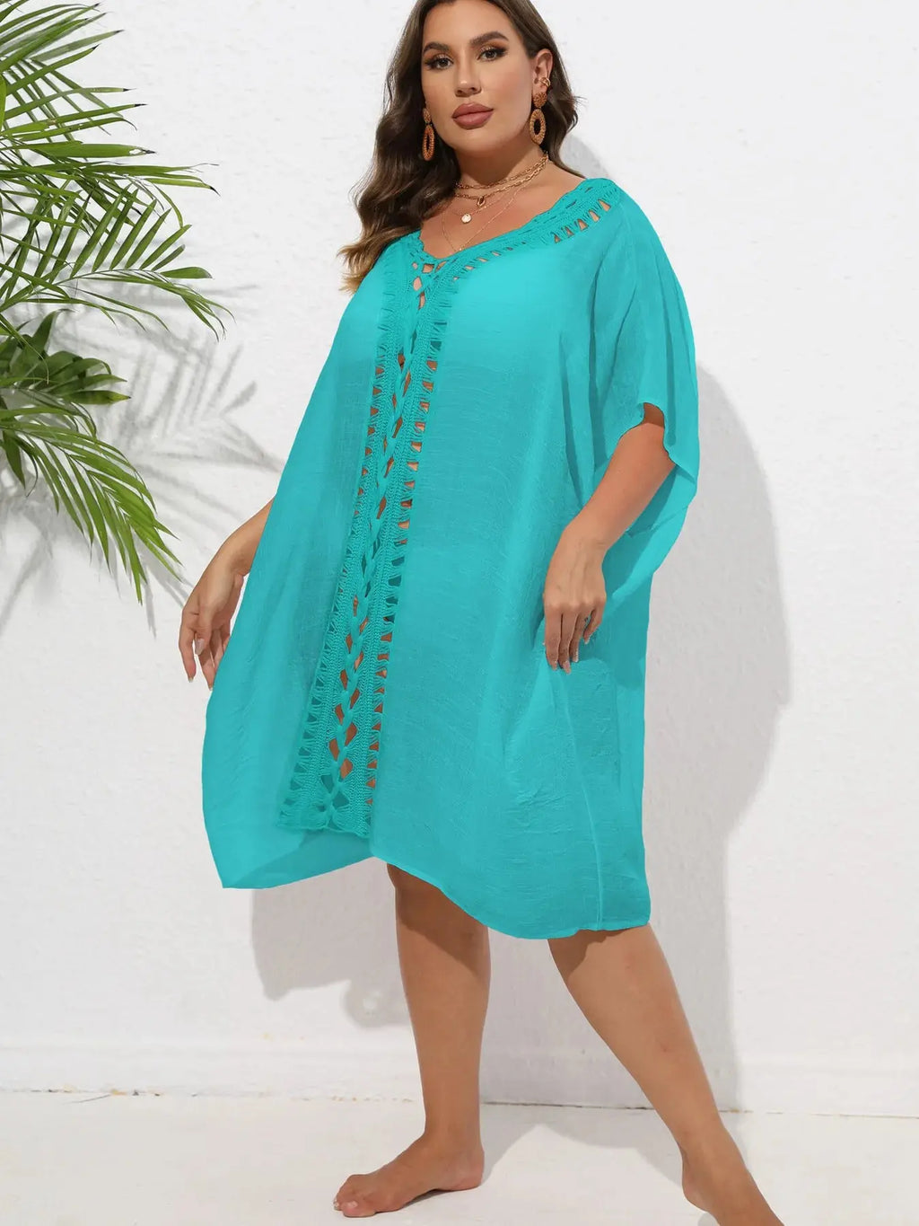 Crochet Trim V-Neck Beach Cover Up Dress-Bikinicaye