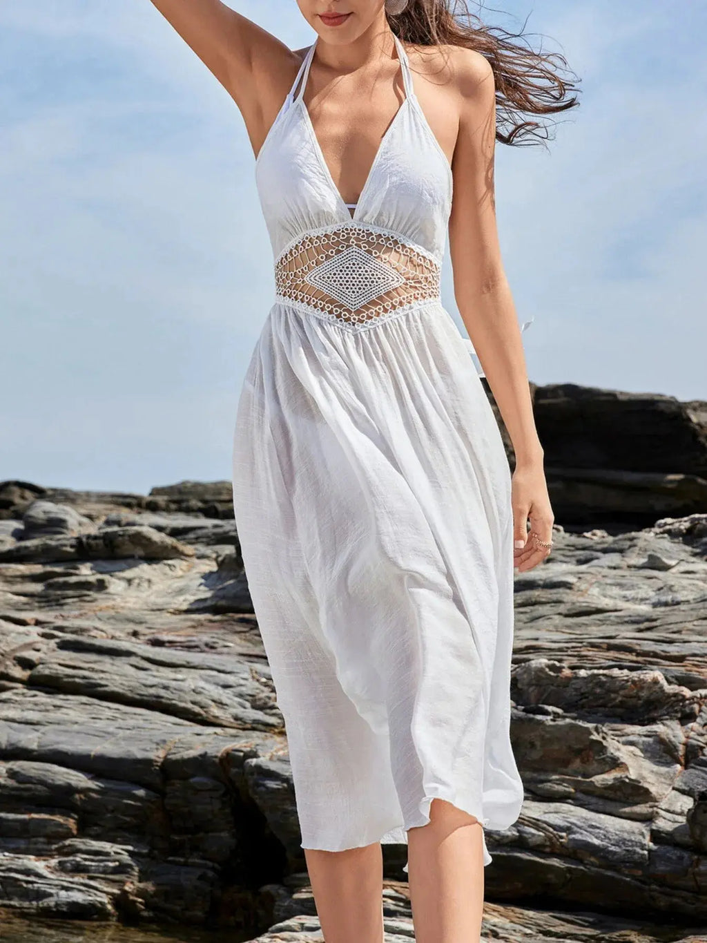 Crochet Waist Halter Sleeveless Cover-Up Dress-Bikinicaye