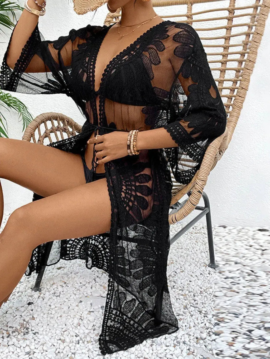 Lace Open Front Longline Cover-Up-Bikinicaye