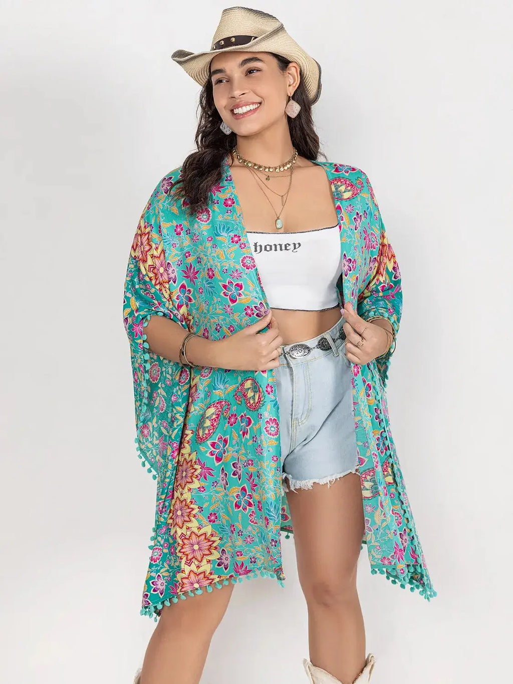 Plus Size Printed Open Front Cover-Up-Bikinicaye