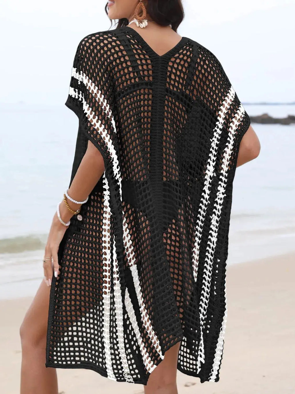 Open Front Contrast Openwork Cover-Up-Bikinicaye