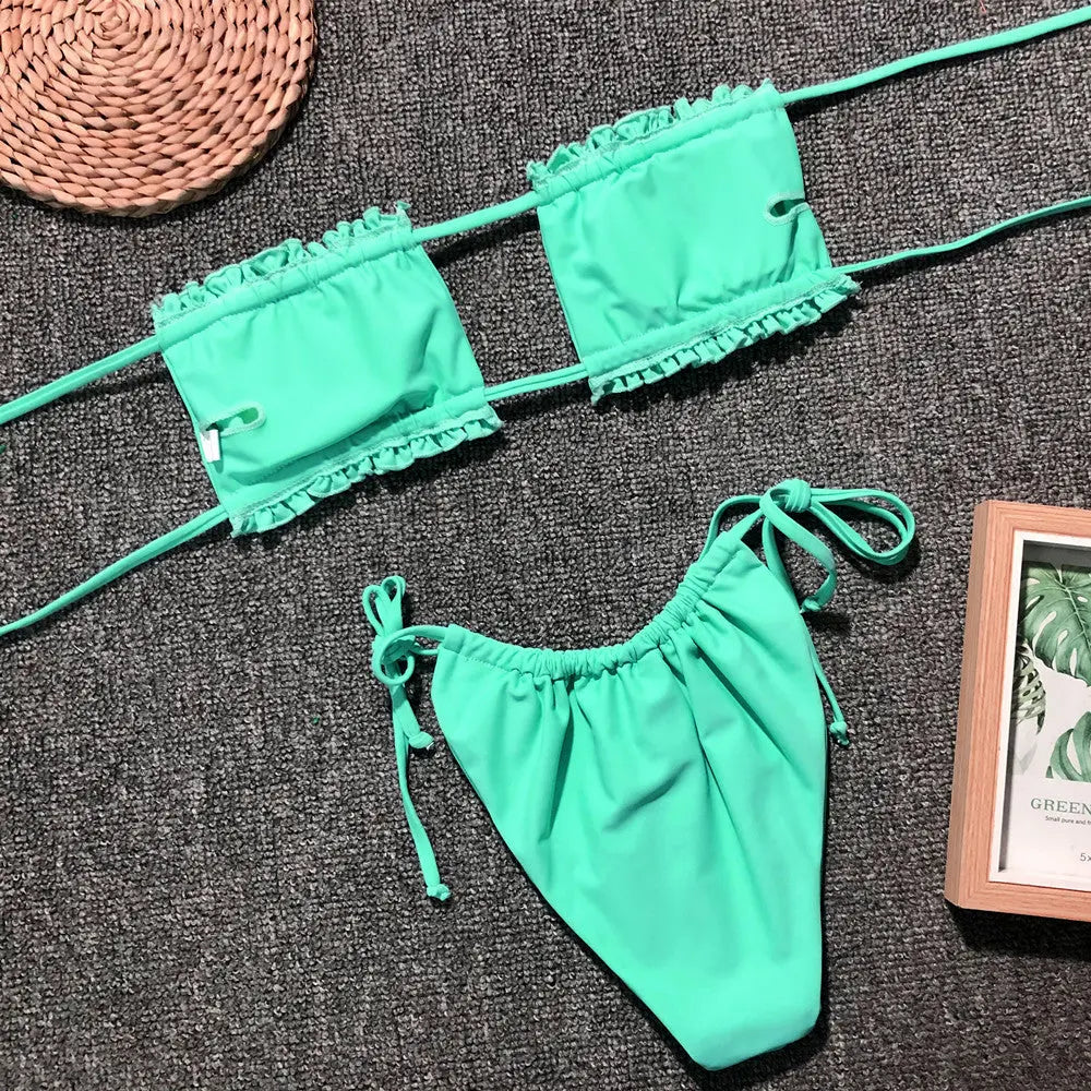 Frill Trim Ruched Bikini Set-Bikinicaye