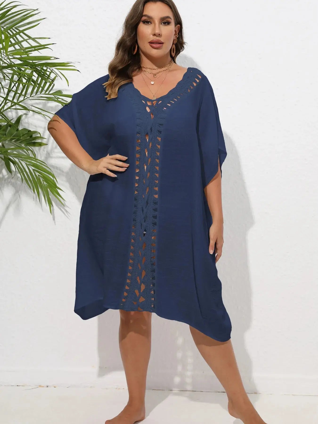 Crochet Trim V-Neck Beach Cover Up Dress-Bikinicaye