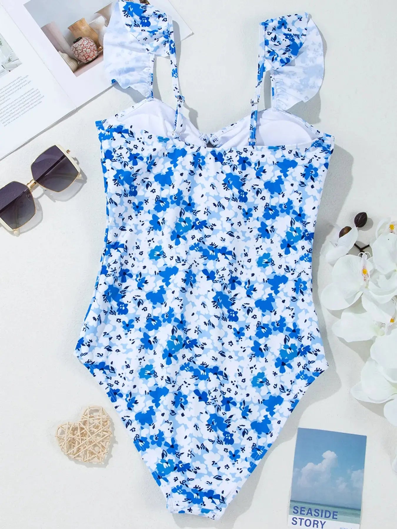 Floral Ruffled Strap Lace-up Hollow Out One Piece Swimsuit-Bikinicaye