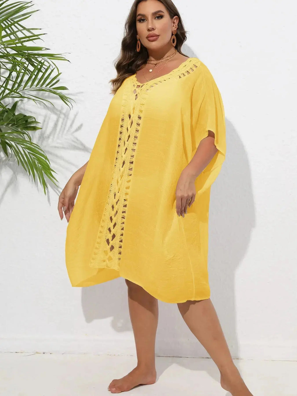 Crochet Trim V-Neck Beach Cover Up Dress-Bikinicaye