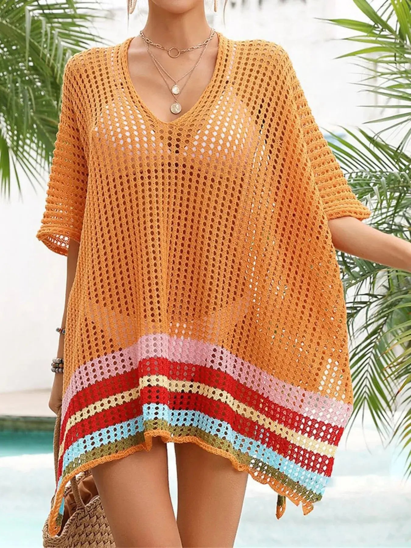 Crochet V-Neck Cover-Up Dress-Bikinicaye