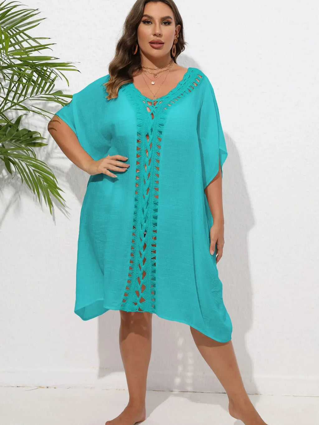 Crochet Trim V-Neck Beach Cover Up Dress-Bikinicaye