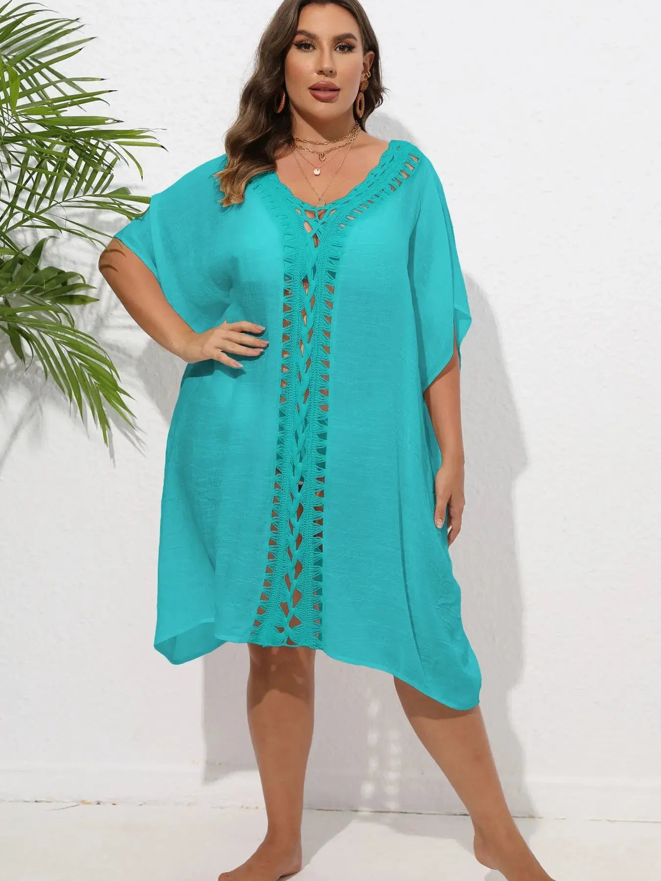 Crochet Trim V-Neck Beach Cover Up Dress-Bikinicaye