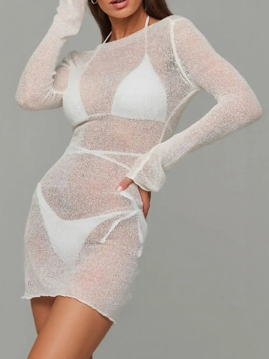 Sheer Backless Long Sleeve Mini Cover-Up Dress-Bikinicaye