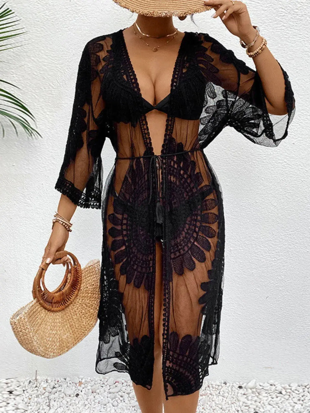 Lace Open Front Longline Cover-Up-Bikinicaye