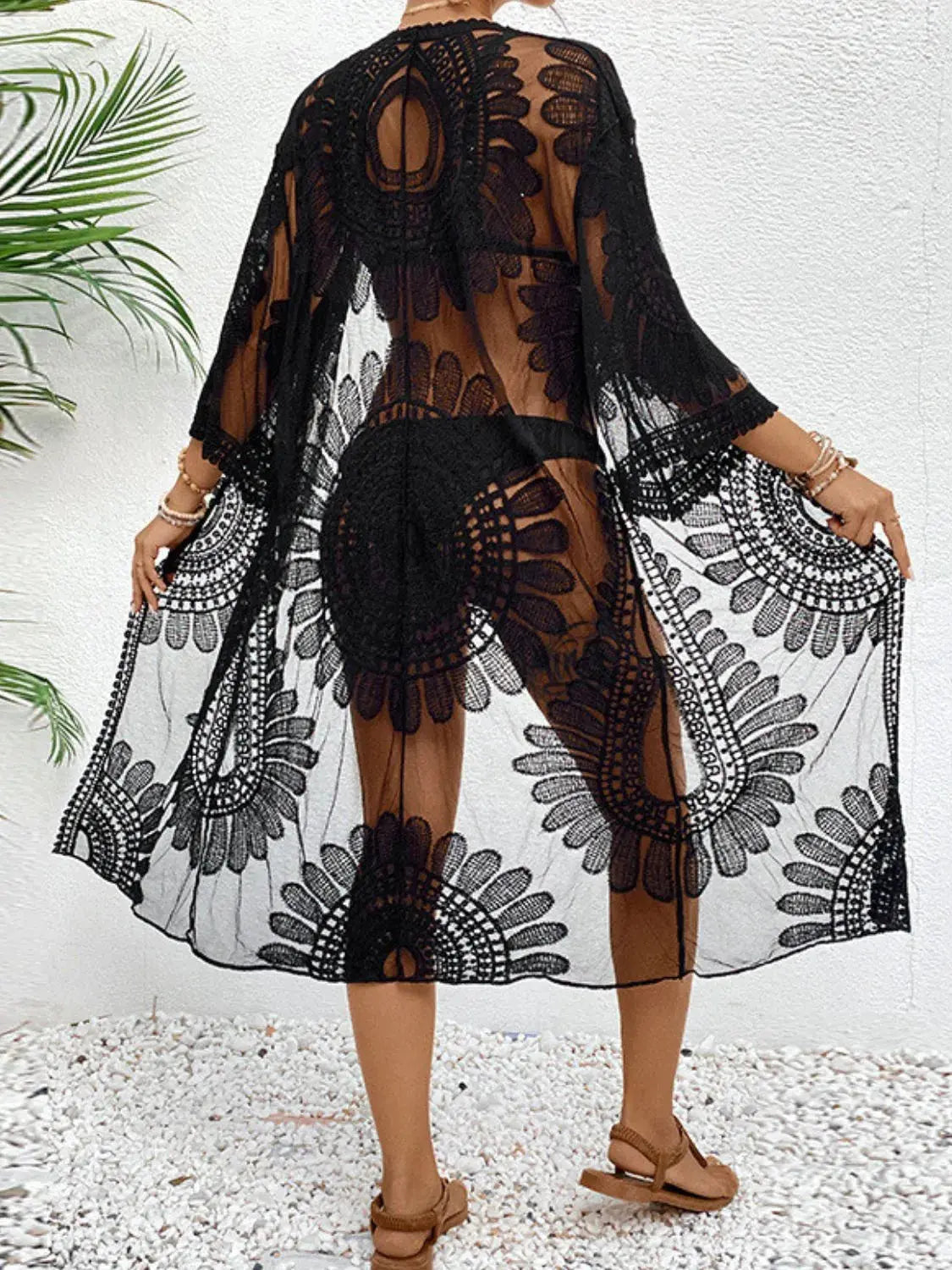 Lace Open Front Longline Cover-Up-Bikinicaye