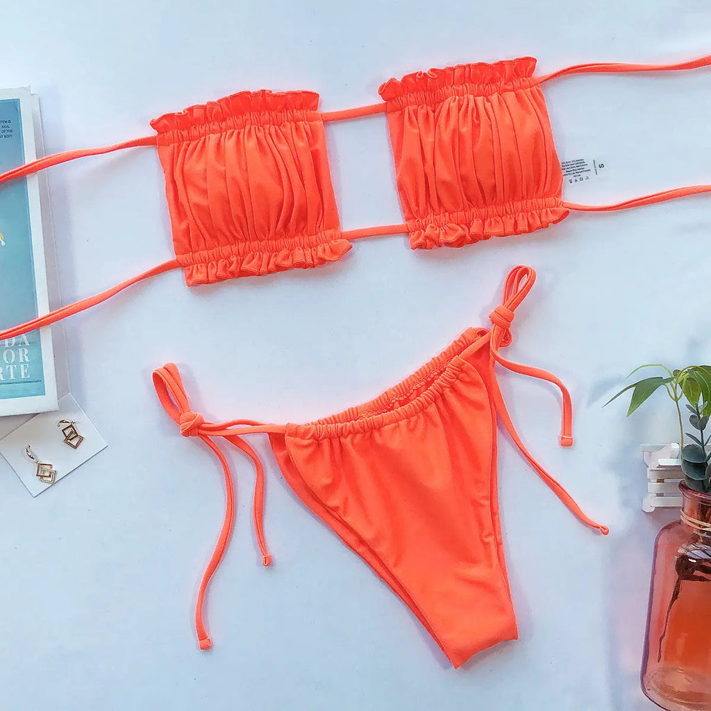 Frill Trim Ruched Bikini Set-Bikinicaye