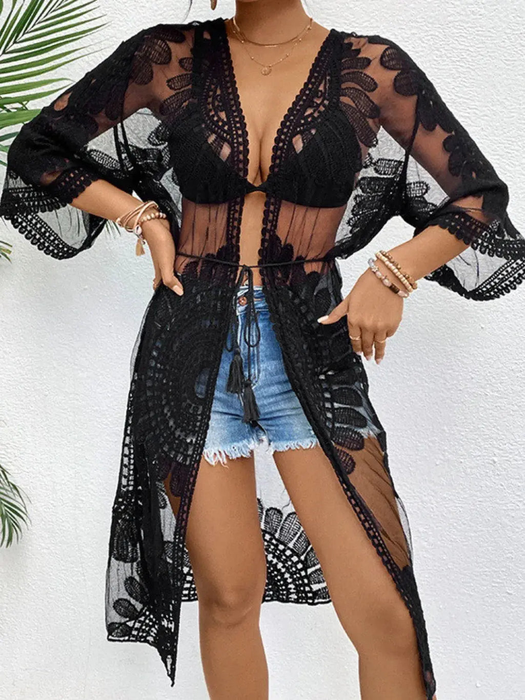 Lace Open Front Longline Cover-Up-Bikinicaye