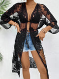 Lace Open Front Longline Cover-Up-Bikinicaye