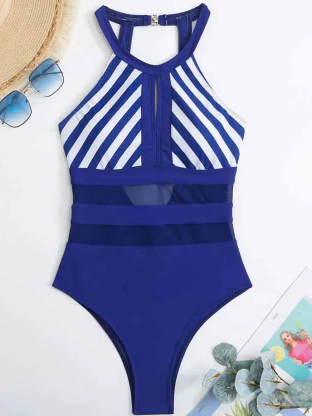 Mesh Detail Backless Striped One-Piece Swimsuit-Bikinicaye