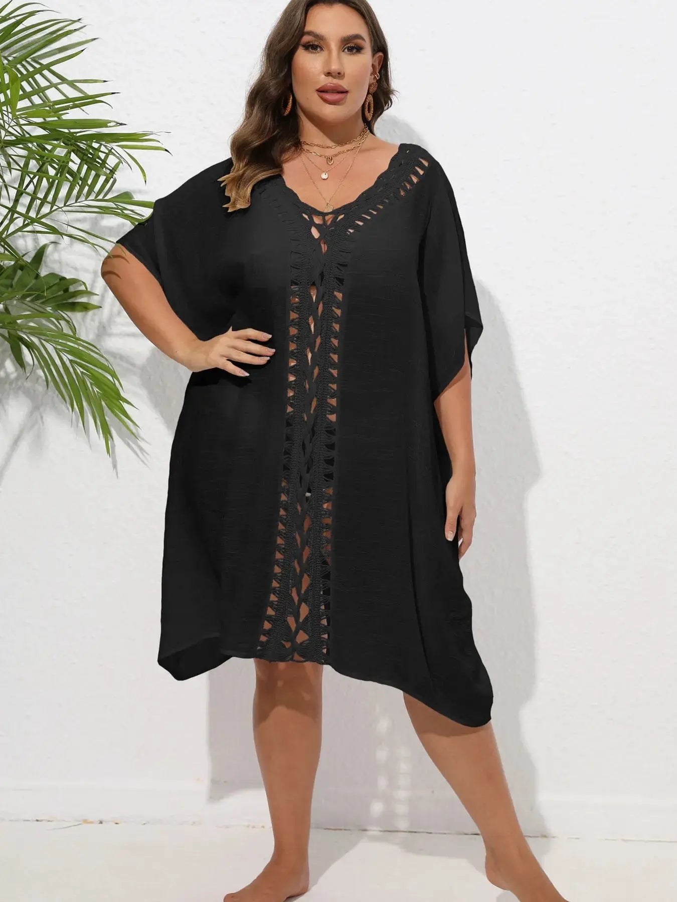 Crochet Trim V-Neck Beach Cover Up Dress-Bikinicaye
