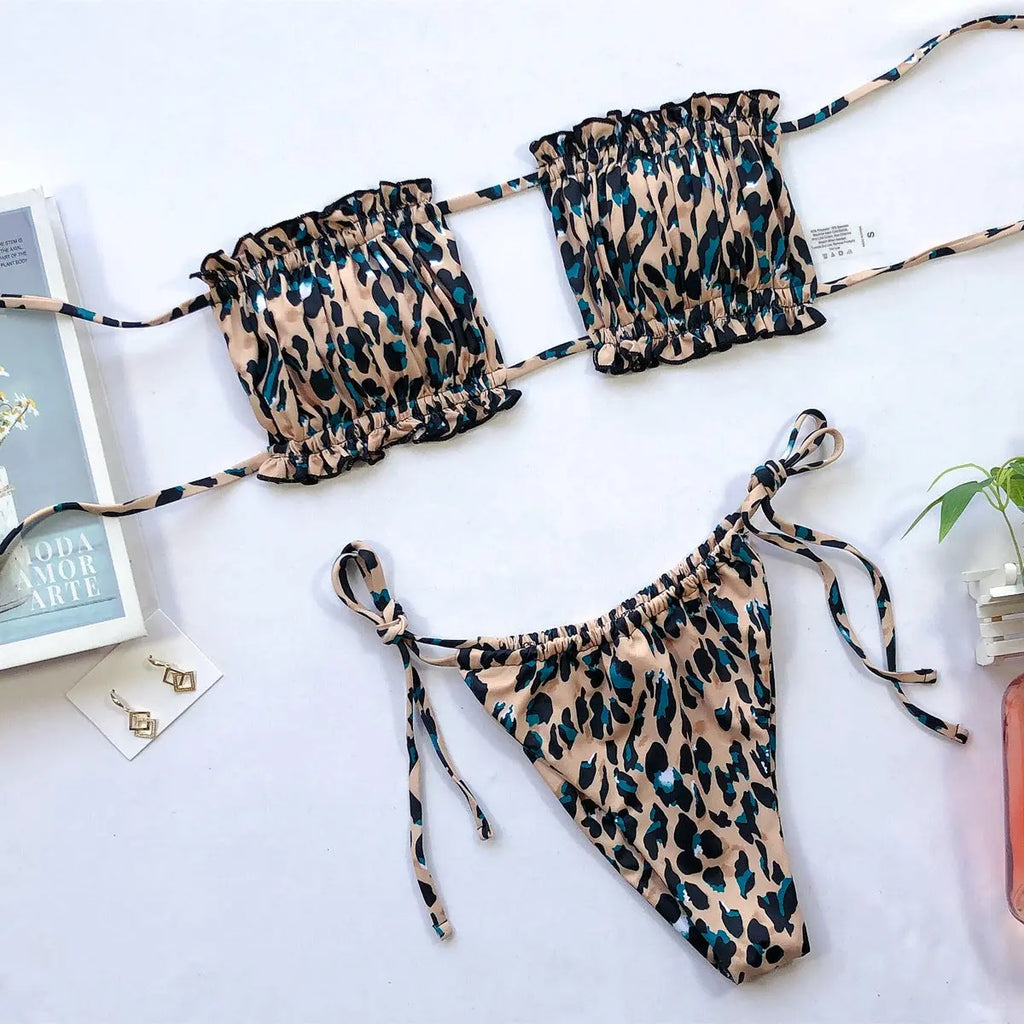 Frill Trim Ruched Bikini Set-Bikinicaye