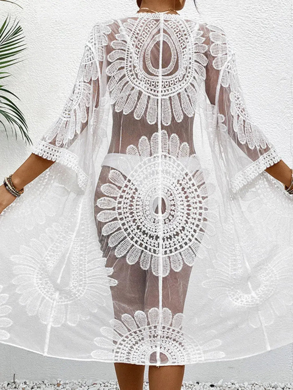 Lace Open Front Longline Cover-Up-Bikinicaye