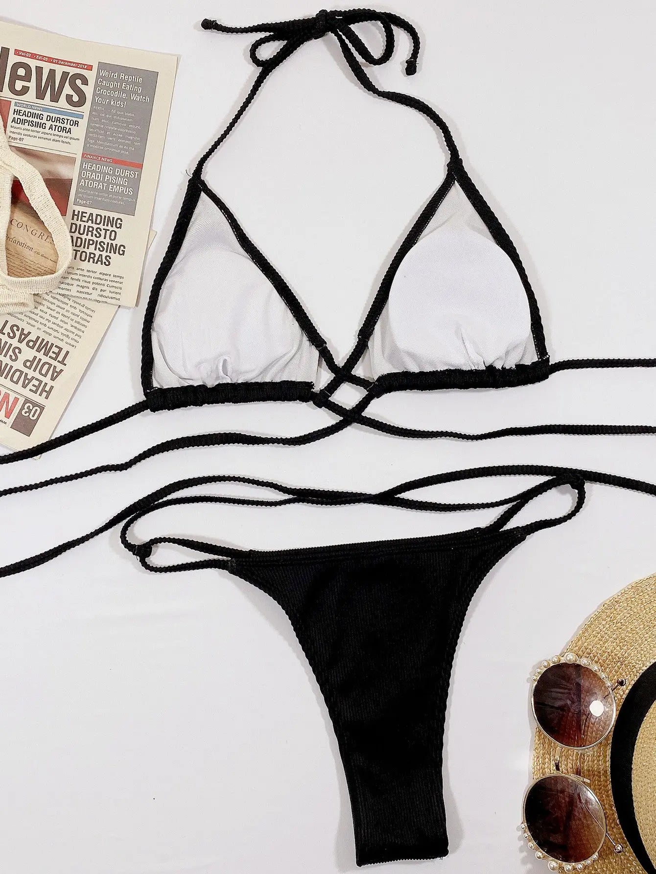 Halter Neck Crisscross Ribbed Bikini Set-Bikinicaye