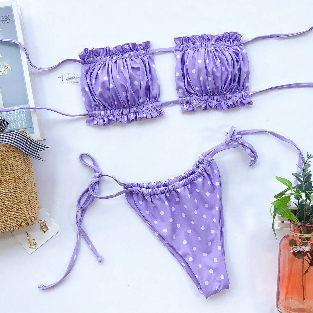 Frill Trim Ruched Bikini Set-Bikinicaye
