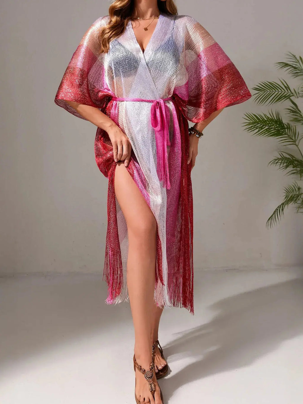Gradient Fringe Kimono Cover-Up-Bikinicaye