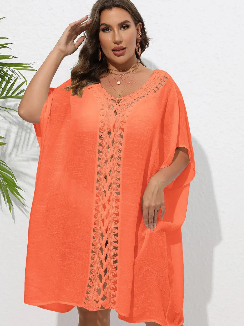 Crochet Trim V-Neck Beach Cover Up Dress-Bikinicaye