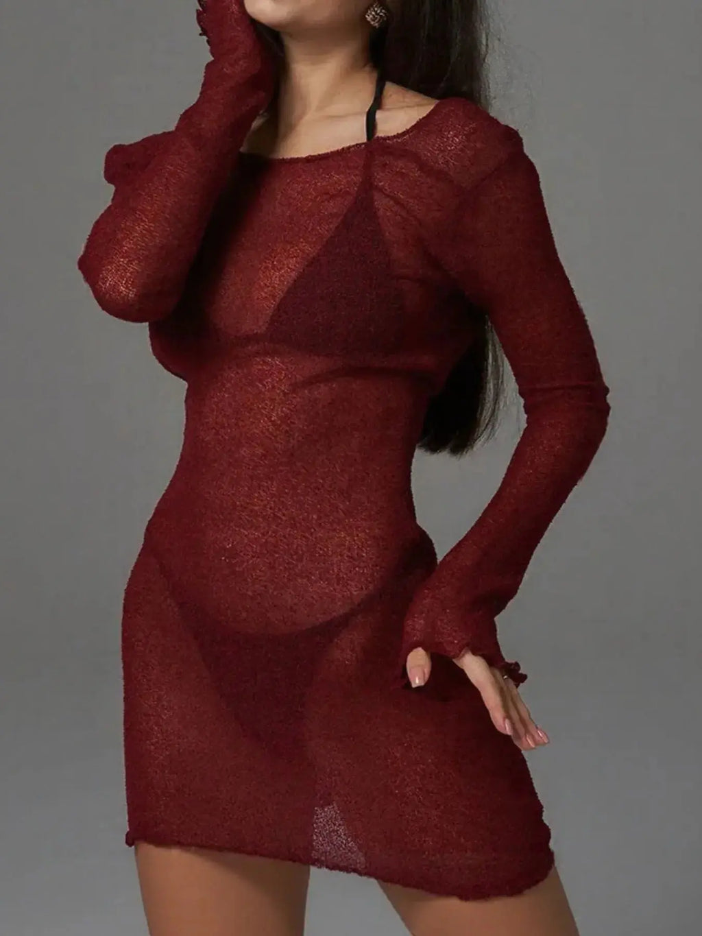 Sheer Backless Long Sleeve Mini Cover-Up Dress-Bikinicaye