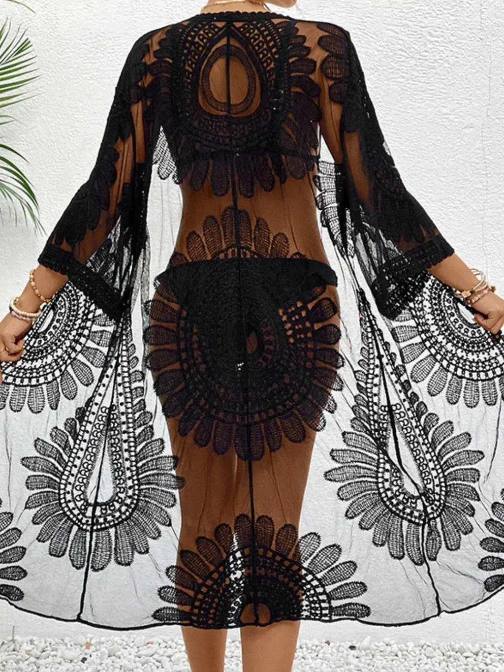 Lace Open Front Longline Cover-Up-Bikinicaye