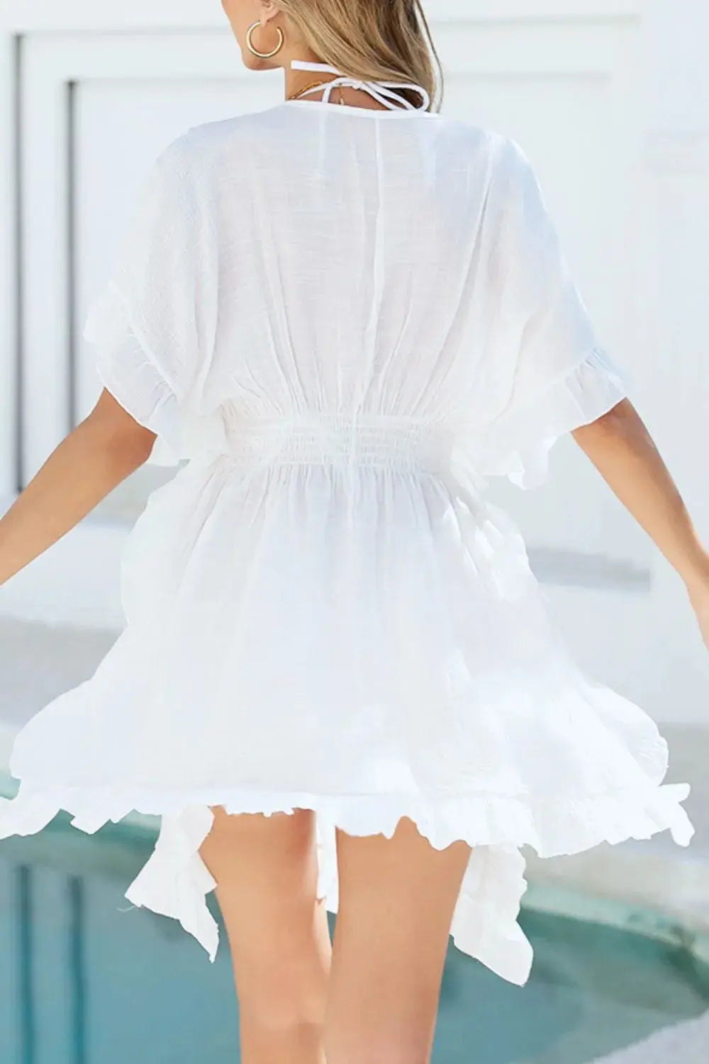 Ruffled Smocked Waist V-Neck Cover-Up-Bikinicaye