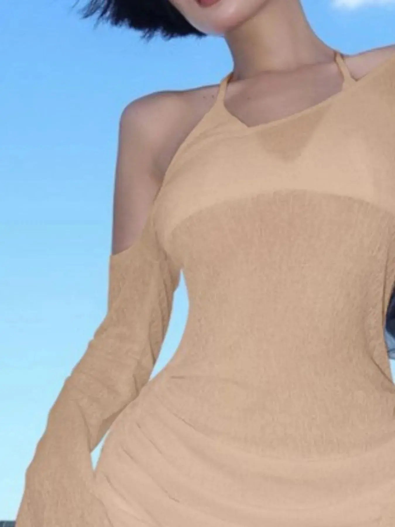 One-Shoulder Bell Sleeve Ruched Mini Cover-Up Dress-Bikinicaye