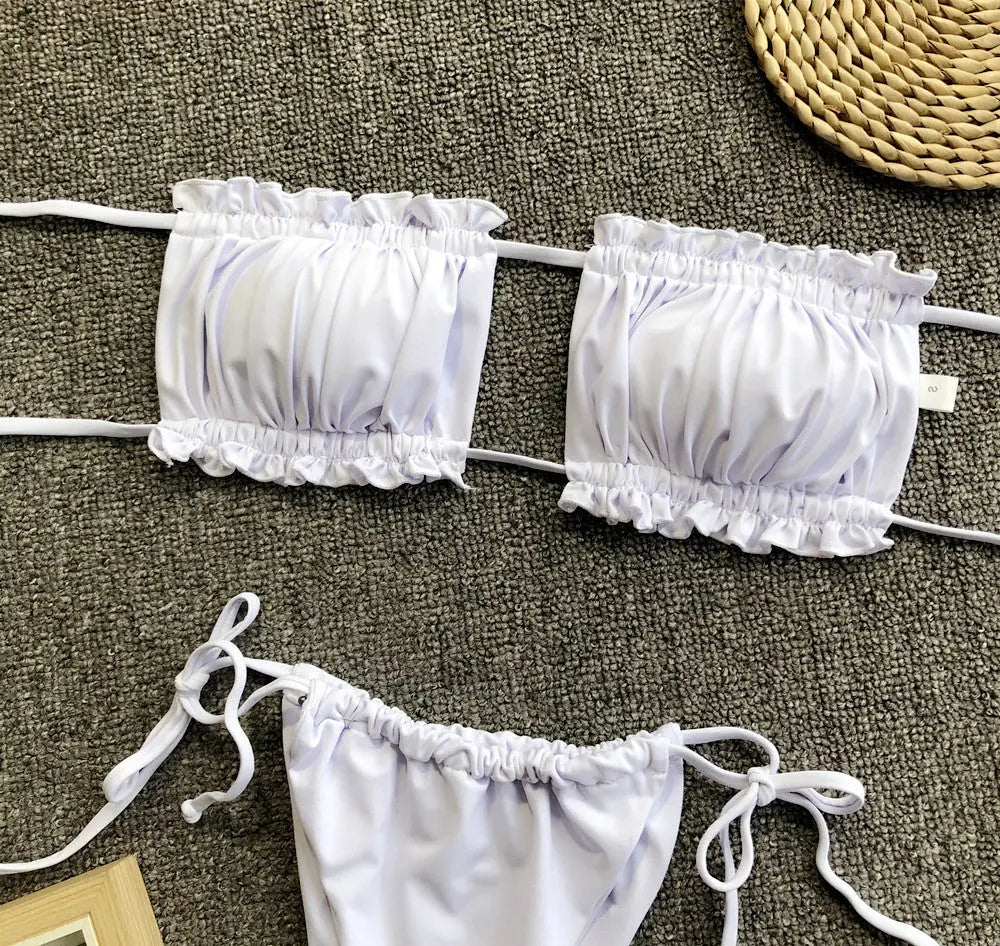 Frill Trim Ruched Bikini Set-Bikinicaye