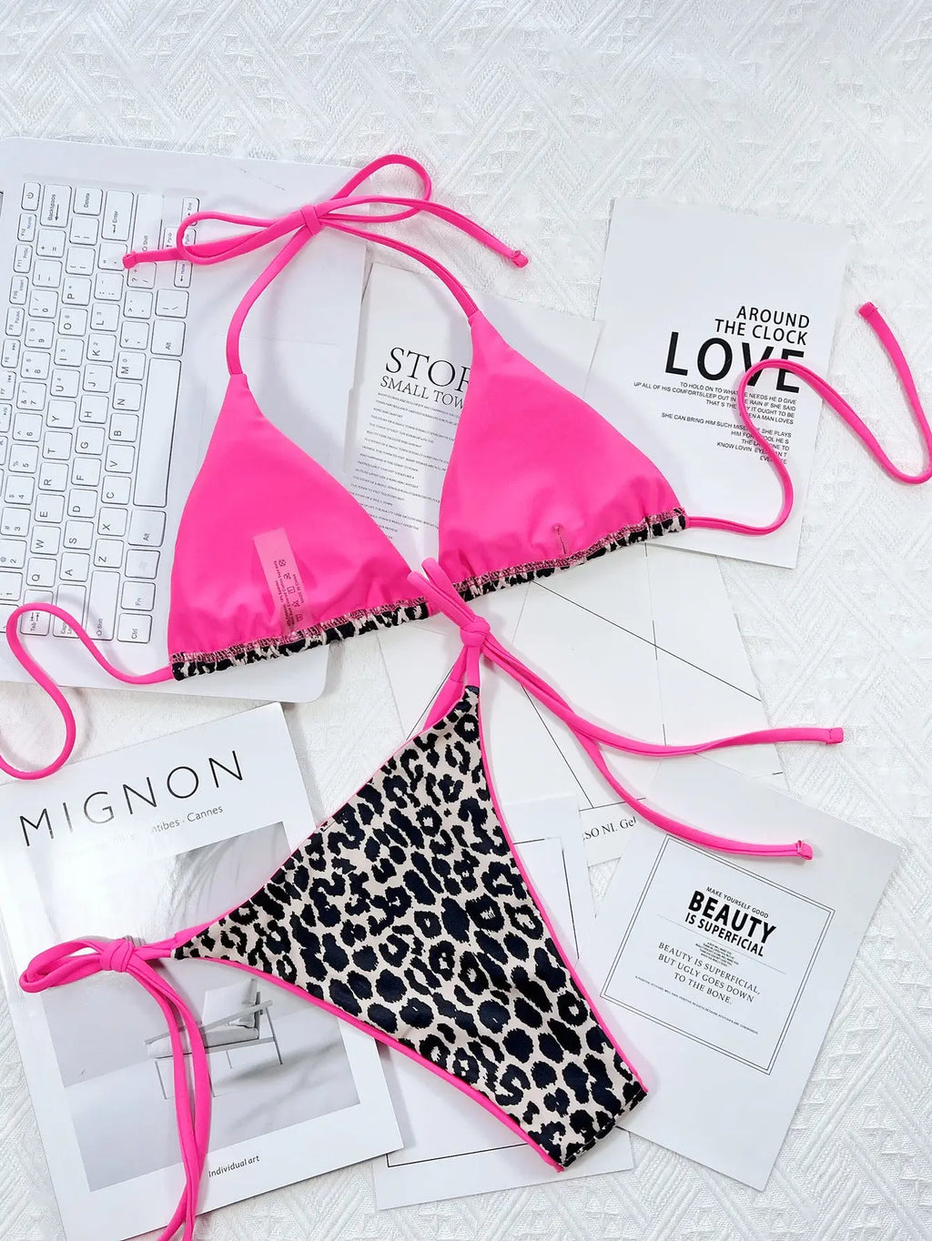 Leopard Print Halter Neck Tie Side Bikini Set-Bikinicaye
