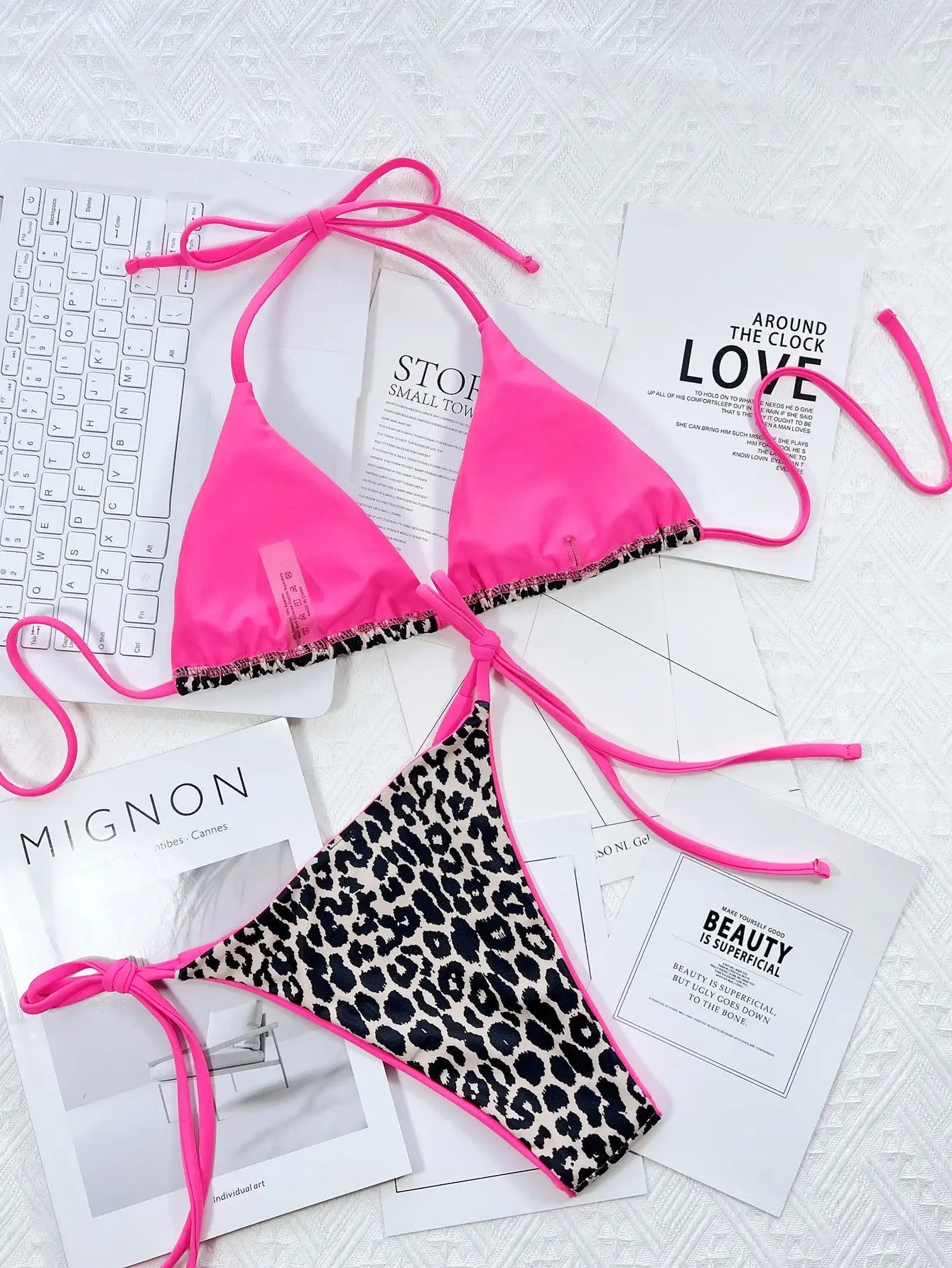Leopard Print Halter Neck Tie Side Bikini Set-Bikinicaye