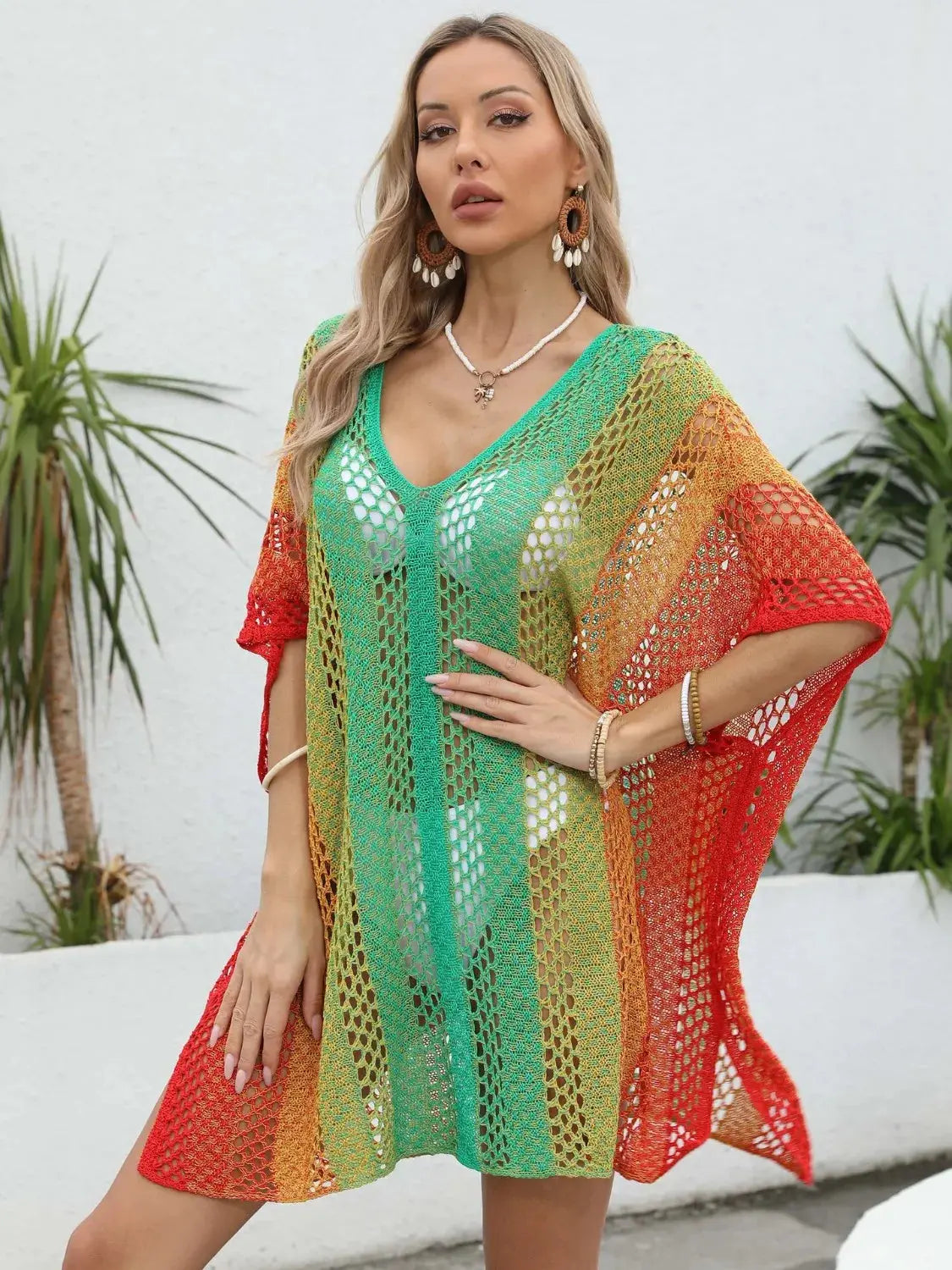 Rainbow Gradient Crochet Beach Cover Up-Bikinicaye