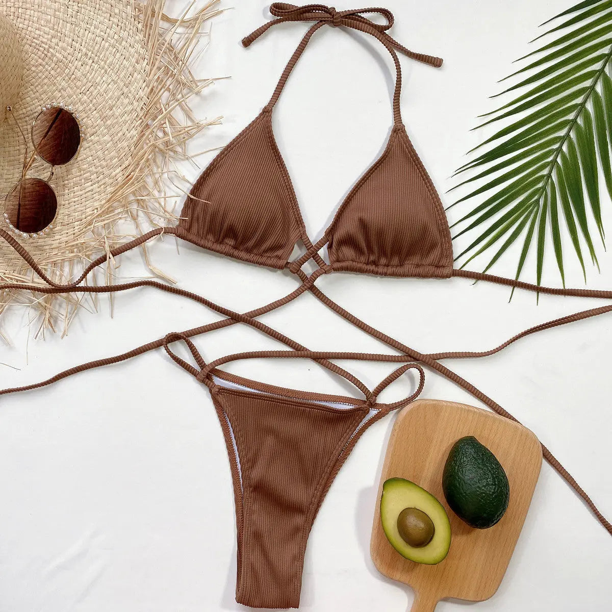 Halter Neck Crisscross Ribbed Bikini Set-Bikinicaye